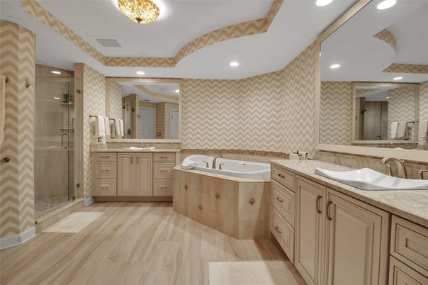 Bathroom, Dual Sink Vanities, Glass Shower, Interior, Recessed Lighting, Wood Texture Flooring