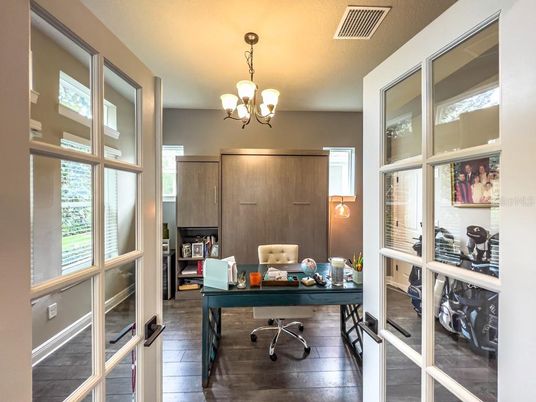 Chandelier, Home Office, Interior, Wood Texture Flooring