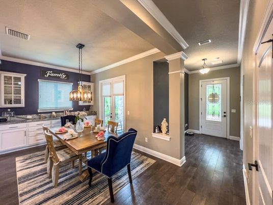 Dining room, Interior, Pendant Lights, Wood Texture Flooring
