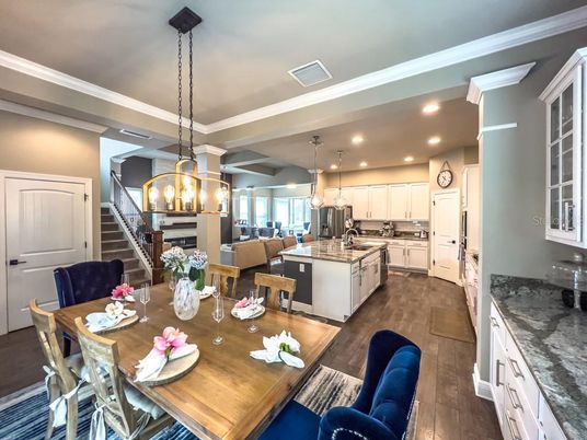 Dining room, Interior, Kitchen, Living room, Pendant Lights, Recessed Lighting, Wood Texture Flooring