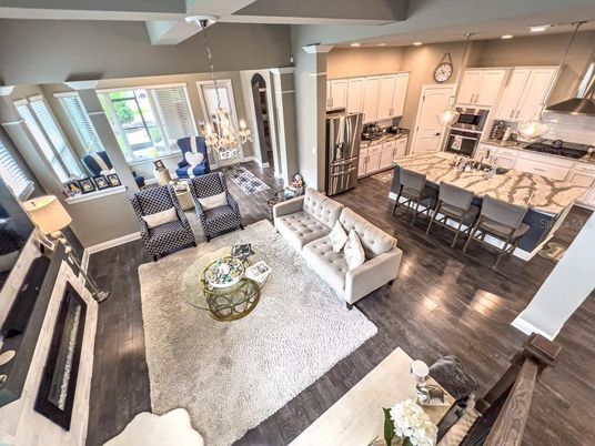 Dining room, Fireplace, Interior, Kitchen, Living room, Pendant Lights, Recessed Lighting, Stainless Steel Appliances, Wood Texture Flooring