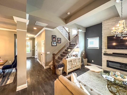 Fireplace, Interior, Living room, Pendant Lights, Recessed Lighting, Wood Texture Flooring