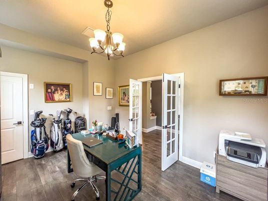 Chandelier, Home Office, Interior, Wood Texture Flooring
