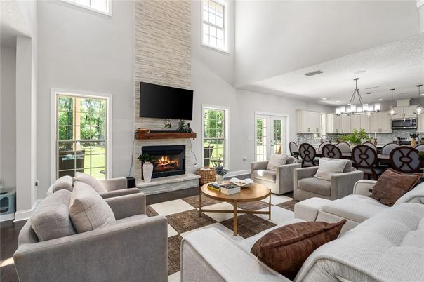 Dining room, Fireplace, Interior, Kitchen, Living room, Pendant Lights