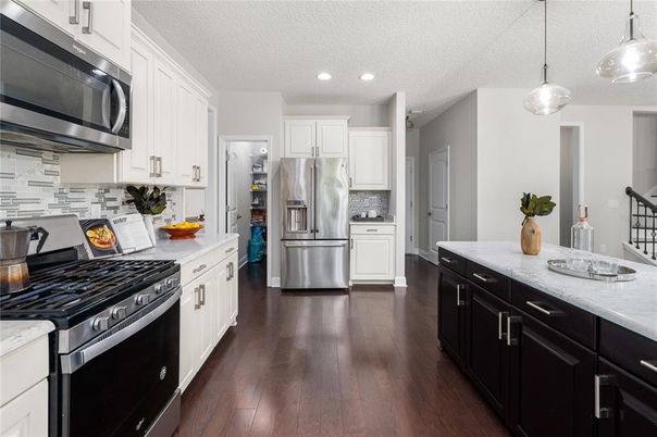 Interior, Kitchen, Pendant Lights, Recessed Lighting, Stainless Steel Appliances, Wood Texture Flooring