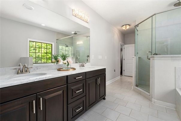 Bathroom, Dual Sink Vanities, Glass Shower, Interior, Recessed Lighting