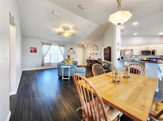 Dining room, Interior, Kitchen, Living room, Recessed Lighting, Wood Texture Flooring