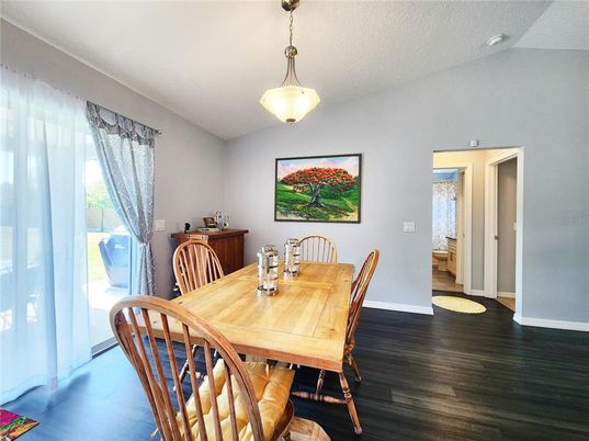 Dining room, Interior, Pendant Lights, Wood Texture Flooring