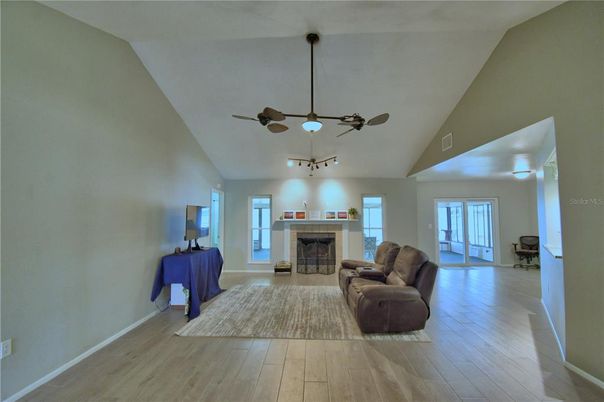 Fireplace, Interior, Living room, Pendant Lights, Wood Texture Flooring