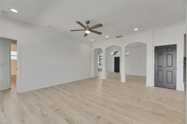 Empty room, Interior, Pendant Lights, Recessed Lighting, Wood Texture Flooring