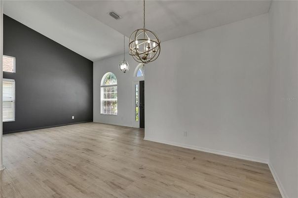 Chandelier, Empty room, Interior, Pendant Lights, Wood Texture Flooring