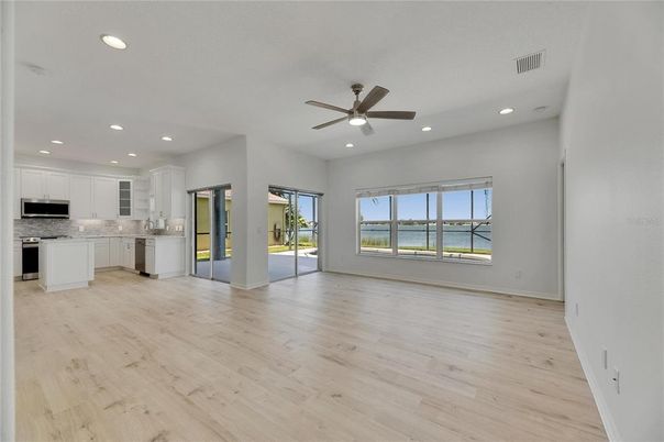 Empty room, Interior, Kitchen, Recessed Lighting, Wood Texture Flooring