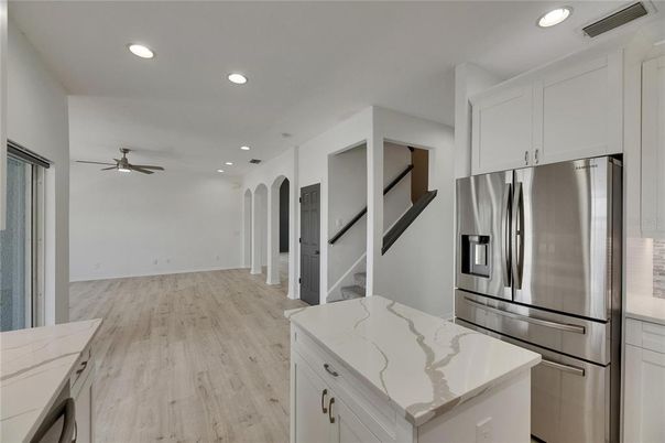 Interior, Kitchen, Recessed Lighting, Stainless Steel Appliances, Wood Texture Flooring