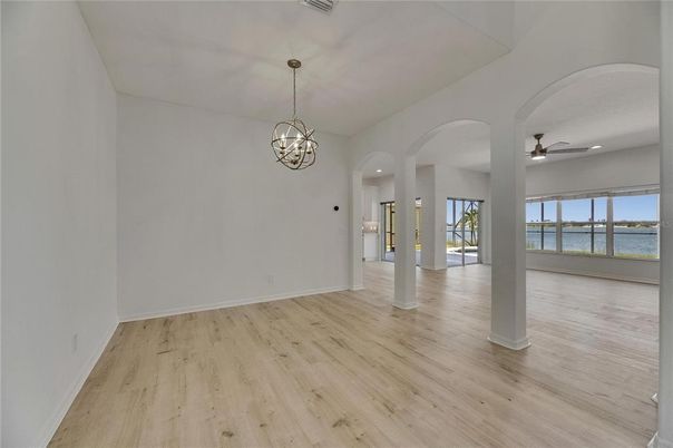 Chandelier, Empty room, Interior, Pendant Lights, Water, Wood Texture Flooring