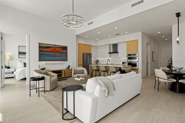 Bedroom, Dining room, Interior, Kitchen, Living room, Pendant Lights, Recessed Lighting, Stainless Steel Appliances
