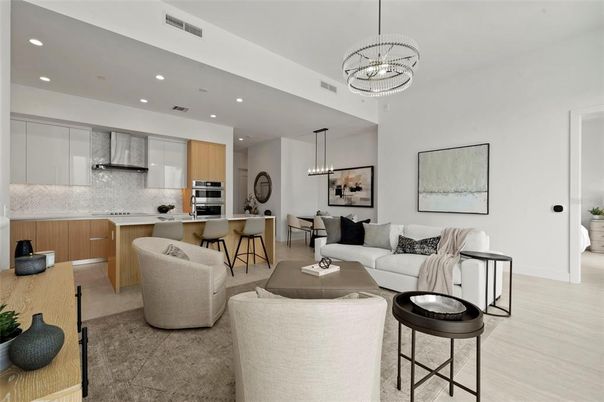 Chandelier, Dining room, Interior, Kitchen, Living room, Pendant Lights, Recessed Lighting, Stainless Steel Appliances