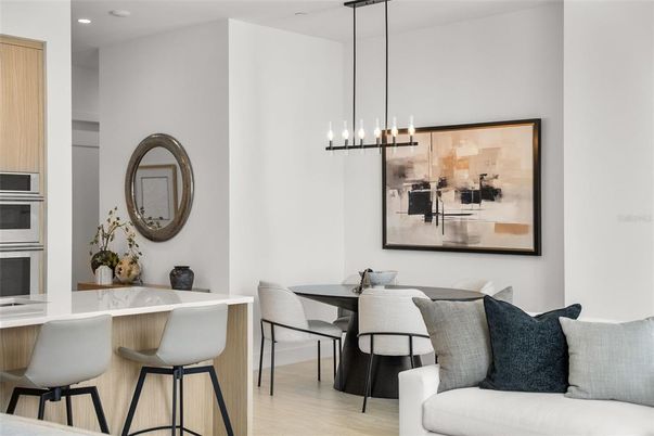 Dining room, Interior, Pendant Lights, Recessed Lighting, Wood Texture Flooring