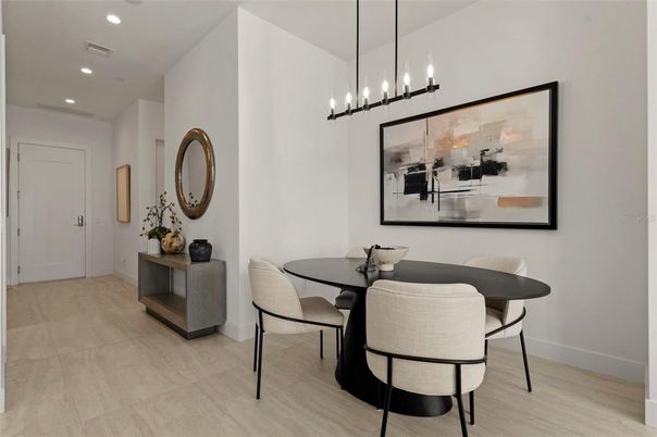 Dining room, Interior, Pendant Lights, Recessed Lighting, Wood Texture Flooring