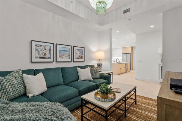 Chandelier, Interior, Kitchen, Living room, Recessed Lighting, Wood Texture Flooring