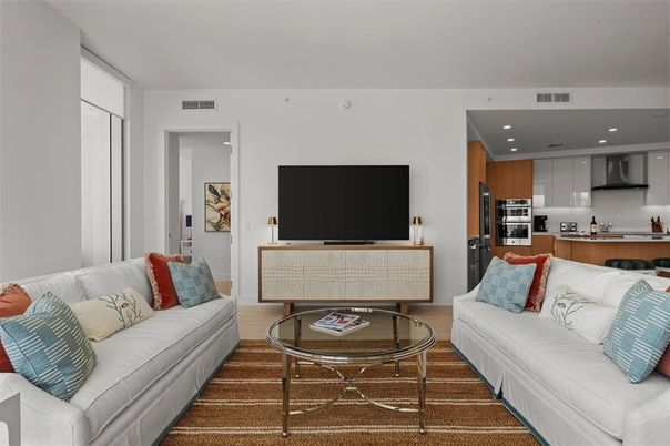 Interior, Kitchen, Living room, Recessed Lighting, Stainless Steel Appliances, Wood Texture Flooring