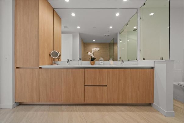 Bathroom, Dual Sink Vanities, Interior, Recessed Lighting, Wood Texture Flooring