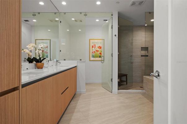 Bathroom, Dual Sink Vanities, Glass Shower, Interior, Recessed Lighting