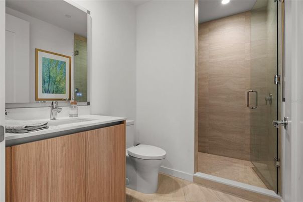 Bathroom, Glass Shower, Interior, Recessed Lighting, Wood Texture Flooring