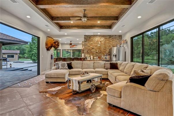 Interior, Living room, Recessed Lighting, Stone Walls, Wooden Beams, Wooden Ceilings