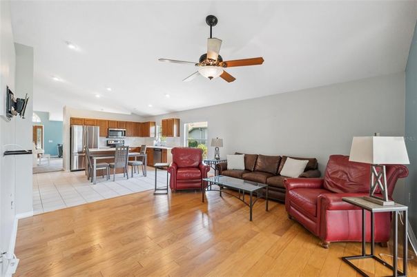Interior, Kitchen, Living room, Recessed Lighting, Stainless Steel Appliances, Wood Texture Flooring