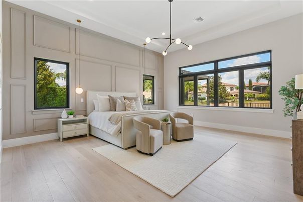 Bedroom, Interior, Pendant Lights, Wood Texture Flooring