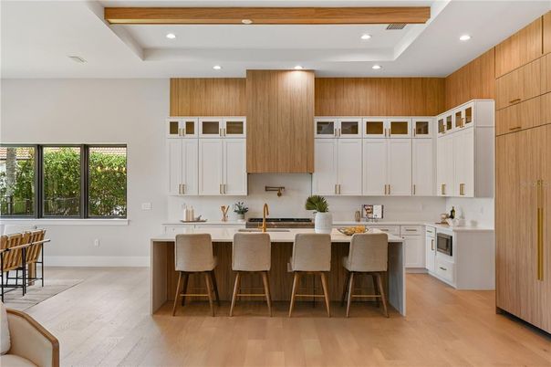 Interior, Kitchen, Recessed Lighting, Wooden Beams, Wood Texture Flooring