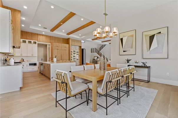 Dining room, Interior, Kitchen, Pendant Lights, Recessed Lighting, Wooden Beams, Wood Texture Flooring