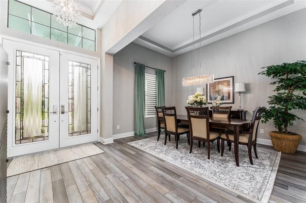 Chandelier, Dining room, Interior, Wood Texture Flooring