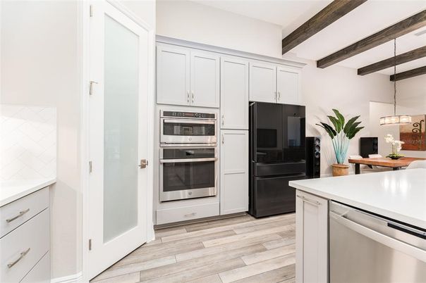 Interior, Kitchen, Pendant Lights, Stainless Steel Appliances, Wooden Beams, Wood Texture Flooring
