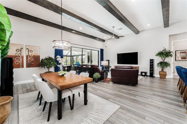 Dining room, Interior, Living room, Pendant Lights, Recessed Lighting, Wooden Beams, Wood Texture Flooring