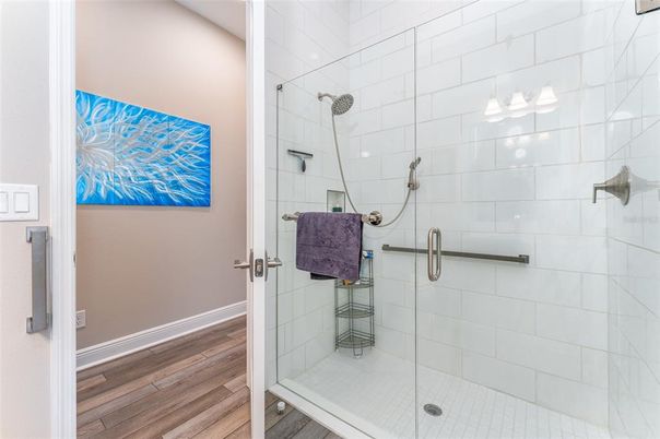 Bathroom, Glass Shower, Interior, Wood Texture Flooring