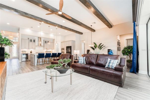 Interior, Kitchen, Living room, Pendant Lights, Recessed Lighting, Stainless Steel Appliances, Wooden Beams, Wood Texture Flooring