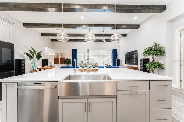 Interior, Kitchen, Pendant Lights, Recessed Lighting, Stainless Steel Appliances, Wooden Beams, Wood Texture Flooring