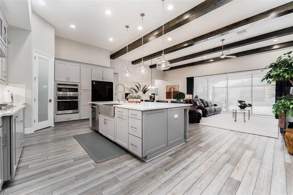 Interior, Kitchen, Living room, Pendant Lights, Recessed Lighting, Stainless Steel Appliances, Wooden Beams, Wood Texture Flooring