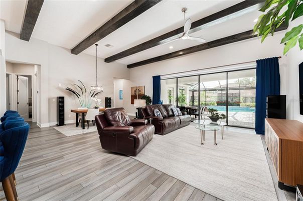 Dining room, Interior, Living room, Pendant Lights, Recessed Lighting, Wooden Beams, Wood Texture Flooring