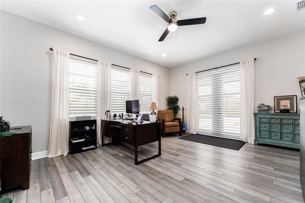 Home Office, Interior, Recessed Lighting, Wood Texture Flooring