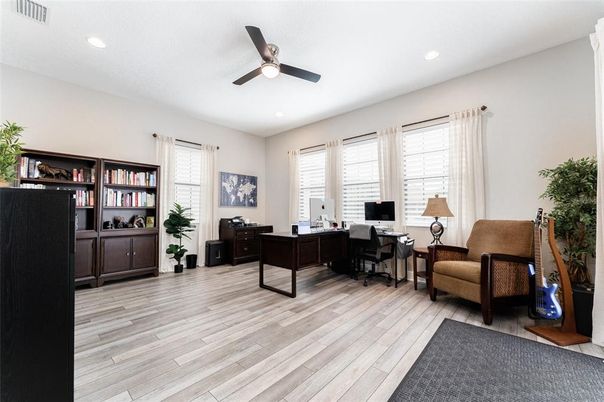 Home Office, Interior, Recessed Lighting, Wood Texture Flooring