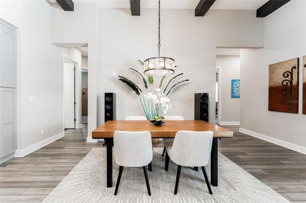 Dining room, Interior, Pendant Lights, Wooden Beams, Wood Texture Flooring