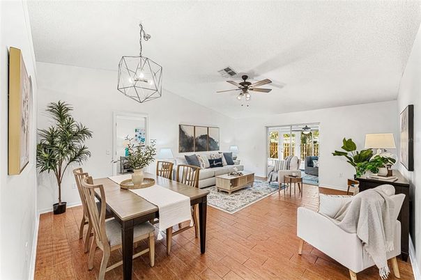 Dining room, Interior, Living room, Pendant Lights, Wood Texture Flooring