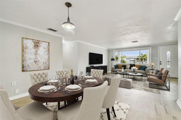Dining room, Interior, Living room, Pendant Lights, Wood Texture Flooring