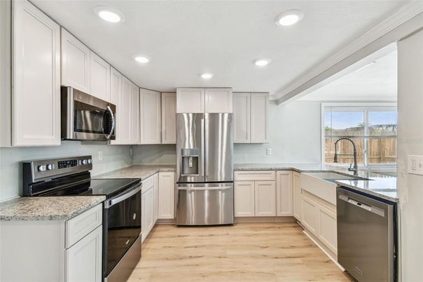 Interior, Kitchen, Recessed Lighting, Stainless Steel Appliances, Wood Texture Flooring