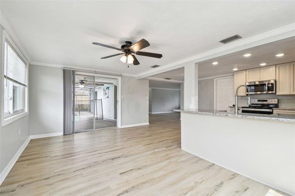 Interior, Kitchen, Recessed Lighting, Stainless Steel Appliances, Wood Texture Flooring