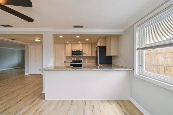 Interior, Kitchen, Recessed Lighting, Stainless Steel Appliances, Wood Texture Flooring