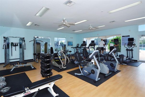 Fitness Equipment, Gym, Interior, Recessed Lighting, Wood Texture Flooring