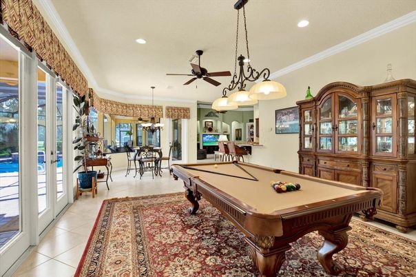 Billiard Table, Chandelier, Dining room, Game Room, Interior, Pendant Lights, Recessed Lighting